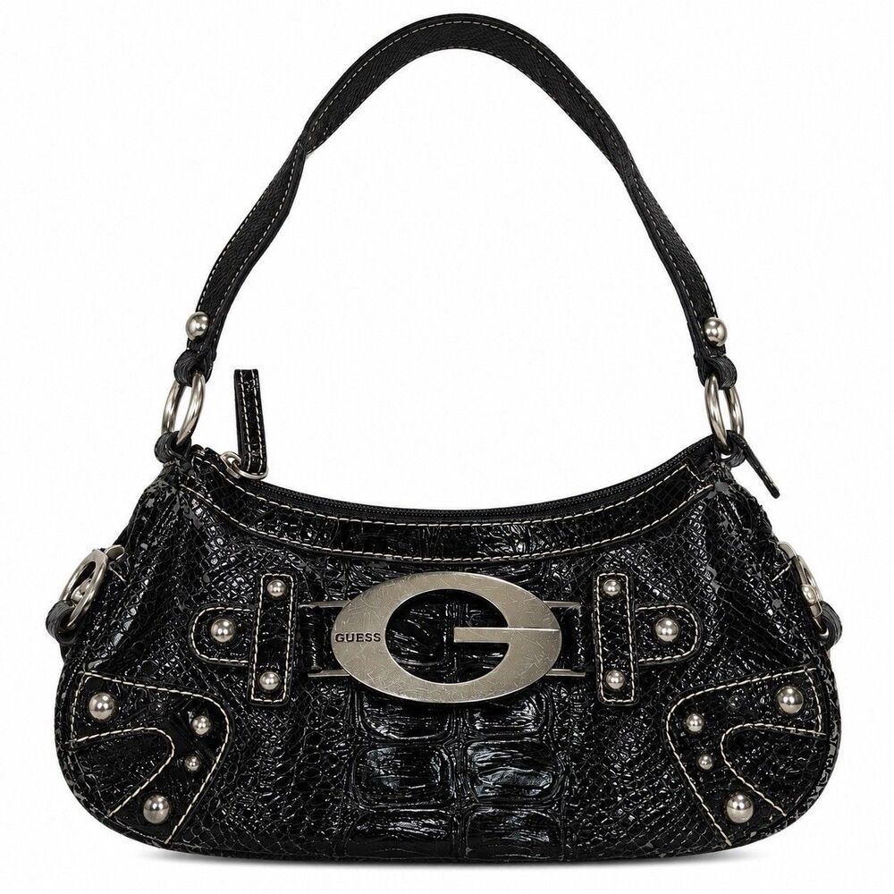 Guess Y2K Black Faux Croc Shoulder Bag Silver G Buckle Baguette Purse